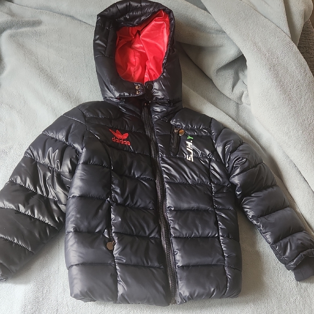 Adidas Quilted Black and Red Puffer Jacket with Hood